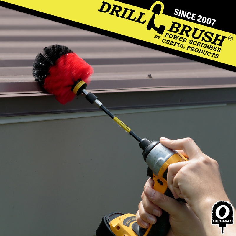 Drillbrush Original Stiff Red Outdoor & Patio Brush in a 5 inch extension cleaning a roof.