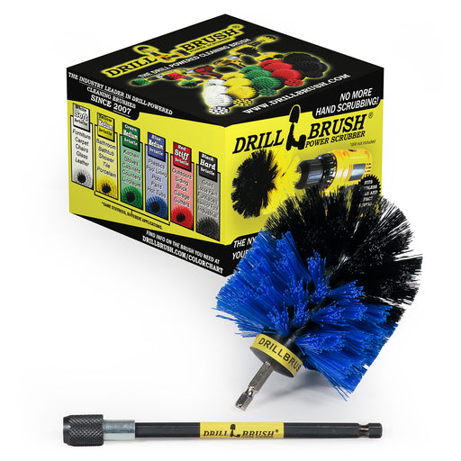 Drillbrush Medium Blue Marine and Pool Original brush with 5 inch extension in front of its packaging.