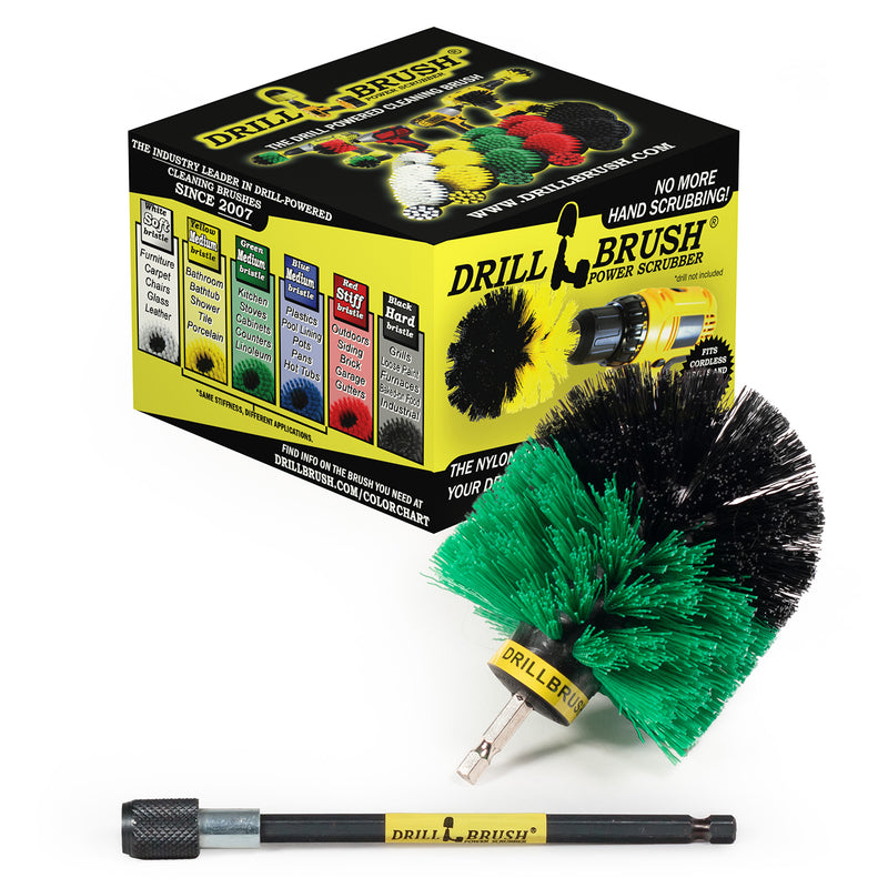 Drillbrush Medium Green Kitchen Original brush with 5 inch extension in front of its packaging.