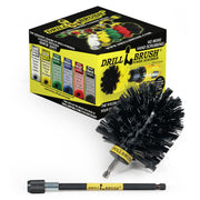 Drillbrush Ultra Stiff Black Grill and Industrial Brush with 5 inch extension in front of its packaging.