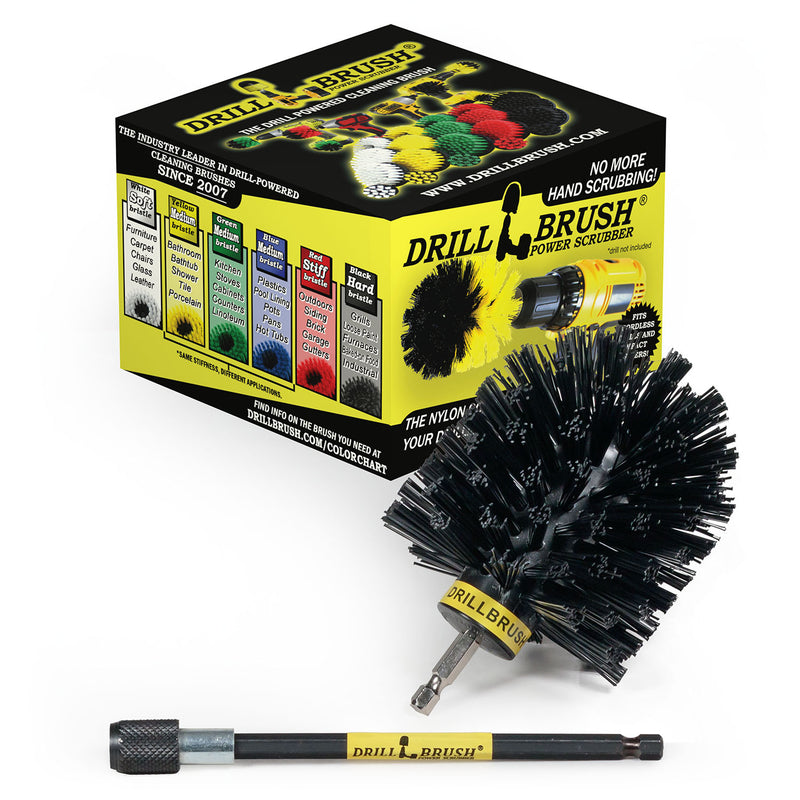 Drillbrush Ultra Stiff Black Grill and Industrial Brush with 5 inch extension in front of its packaging.