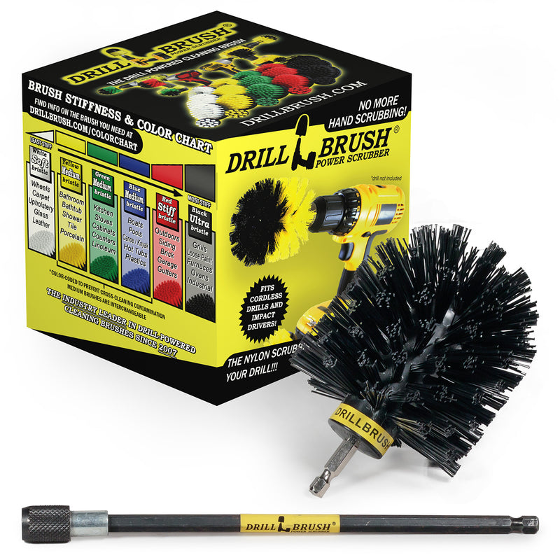 Drillbrush Ultra Stiff Black Original brush with 7 inch extension in front of its packaging.