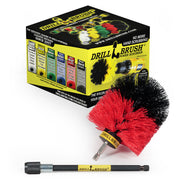 Drillbrush Stiff Red Outdoor and Patio Original brush with 5 inch extension in front of its packaging.
