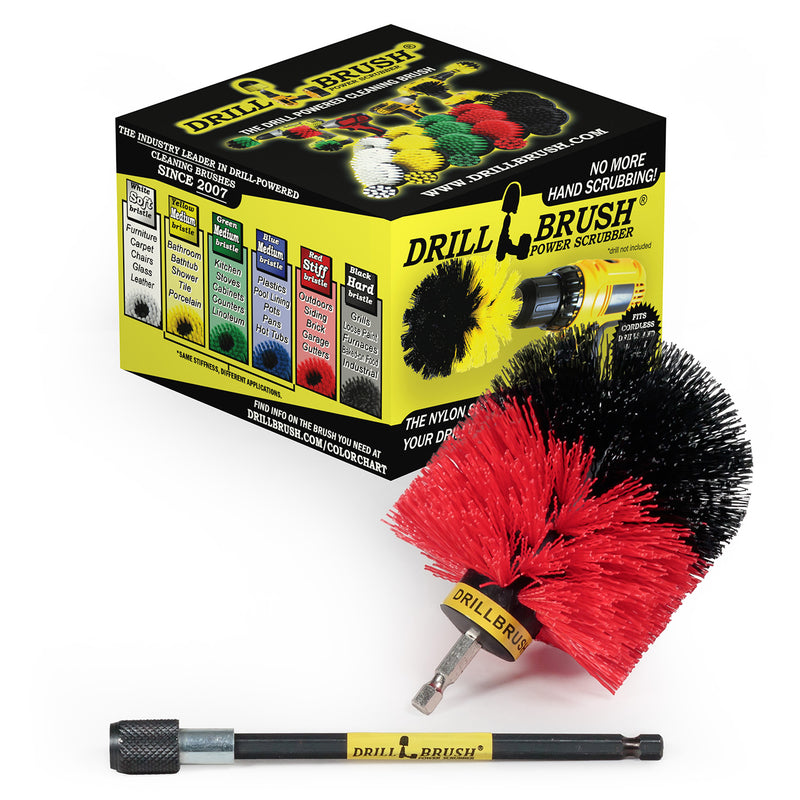 Drillbrush Stiff Red Outdoor and Patio Original brush with 5 inch extension in front of its packaging.