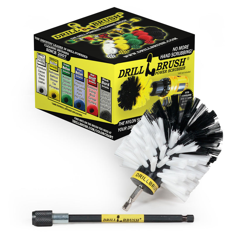 Drillbrush Soft White Home and Auto Original brush with 5 inch extension in front of its packaging.