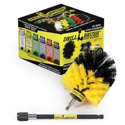 Drillbrush Medium Yellow Bathroom Original brush with 5 inch extension in front of its packaging.