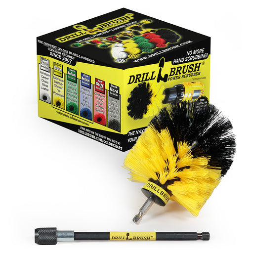 Drillbrush Medium Yellow Bathroom Original brush with 5 inch extension in front of its packaging.