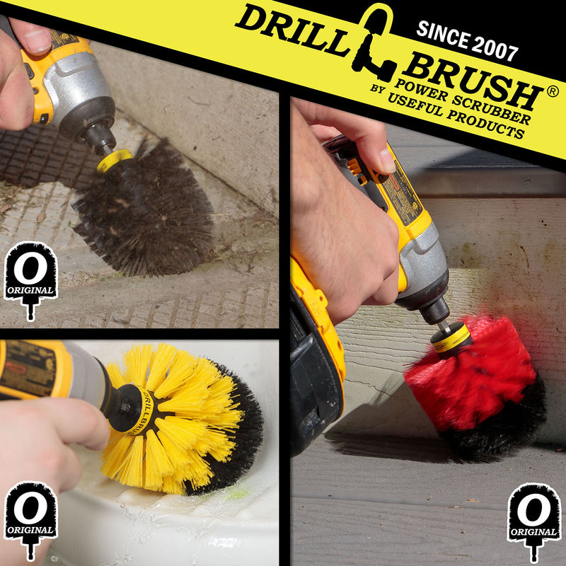 An Ultra Stiff Black Original brush cleaning concrete, a Medium Yellow Original brush cleaning shower shelving, and a Stiff Red Original brush cleaning deck stairs.