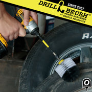 Drillbrush Original Soft White Home & Auto Brush in a 5 inch extension cleaning tires.