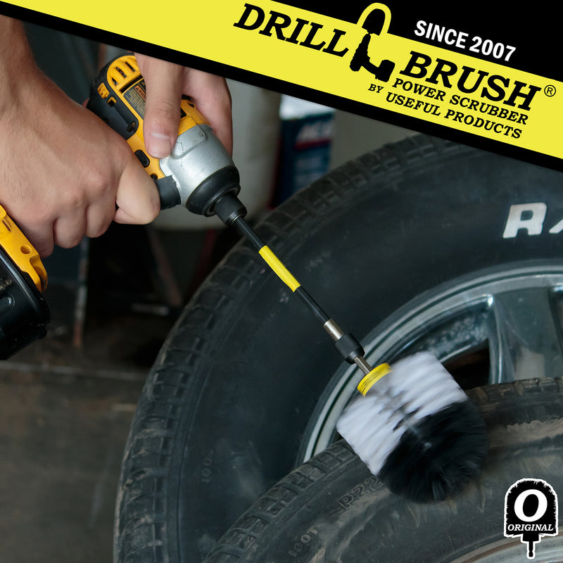 Drillbrush Original Soft White Home & Auto Brush in a 5 inch extension cleaning tires.