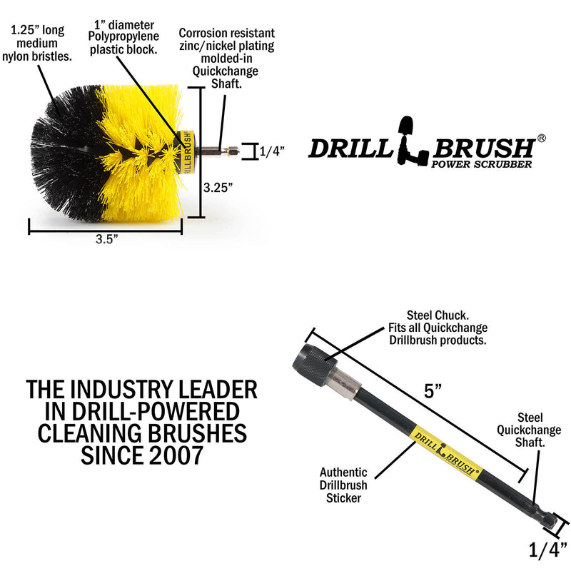 Specs for the Drillbrush Original Medium Yellow Bathroom Brush and a 5 inch extension.