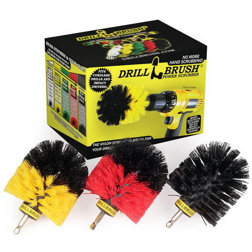 The Drillbrush 3 piece Original kit, featuring Medium Yellow, Stiff Red, and Ultra Stiff Black brushes, in front of its packaging.