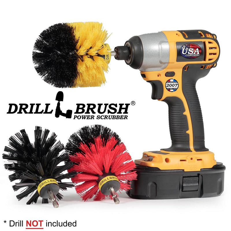 Drillbrush Medium Yellow, Stiff Red and Ultra Stiff Black Original 3-piece Variety Brush Kit with a Yellow Original brush in a cordless drill.