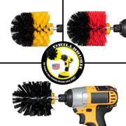 Images of the Drillbrush Medium Yellow, Stiff Red, and Ultra Stiff Black Originals in cordless drills.