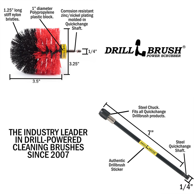 Specs for the Drillbrush Original Stiff Red Outdoor & Patio Brush and 7 inch extension.