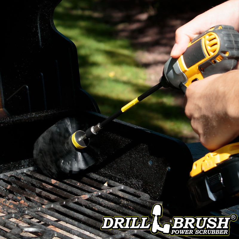 Drillbrush Original Ultra Stiff Black Grill & Industrial Brush in a 7 inch extension cleaning grill grates.