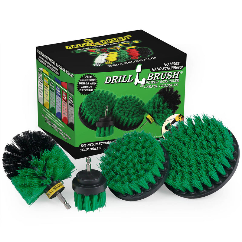 The Drillbrush 542O Medium Green Kitchen Brush Kit in front of the box it comes in.