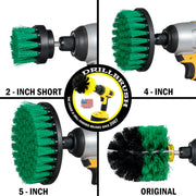 Images of the Drillbrush 2 inch Short, 4 inch, 5 inch, and Original Medium Green Kitchen Brushes in cordless drills.