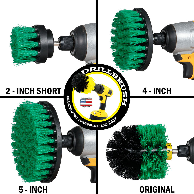 Images of the Drillbrush 2 inch Short, 4 inch, 5 inch, and Original Medium Green Kitchen Brushes in cordless drills.