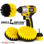 Drillbrush 542O Medium Yellow Bathroom Brush Kit with an Original brush in a cordless drill.