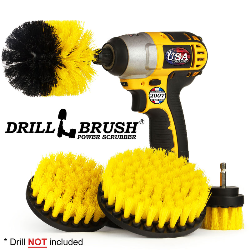 Drillbrush 542O Medium Yellow Bathroom Brush Kit with an Original brush in a cordless drill.
