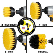 Images of the Drillbrush 2 inch Short, 4 inch, 5 inch, and Original Medium Yellow Bathroom Brushes in cordless drills.