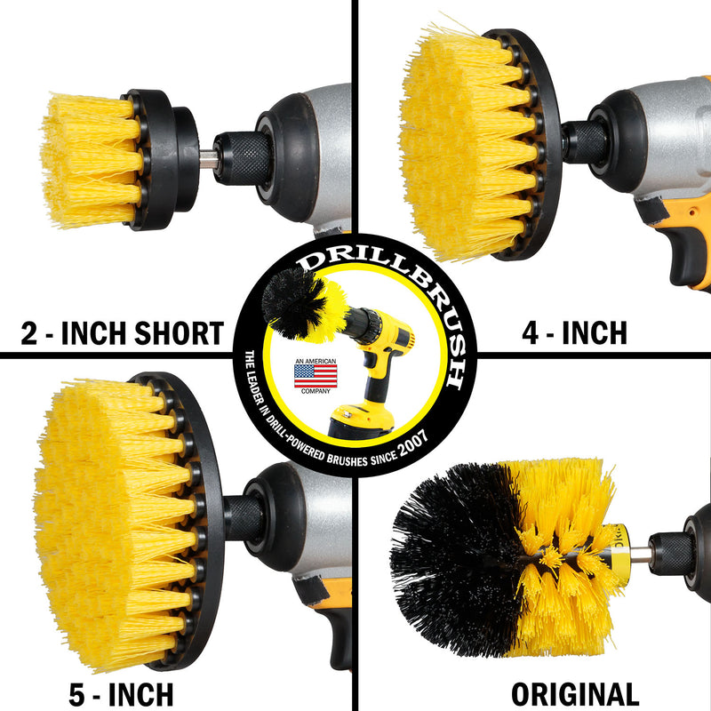 Images of the Drillbrush 2 inch Short, 4 inch, 5 inch, and Original Medium Yellow Bathroom Brushes in cordless drills.