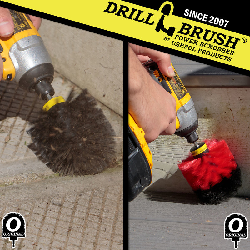 Action shots of a Stiff Red Original Drillbrush cleaning deck stairs and an Ultra Stiff Black Original Drillbrush cleaning concrete.