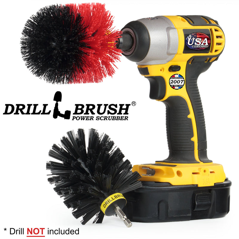 Drillbrush Stiff Red and Ultra Stiff Black Original 2-piece Variety Brush Kit with a Red Original brush in a cordless drill.