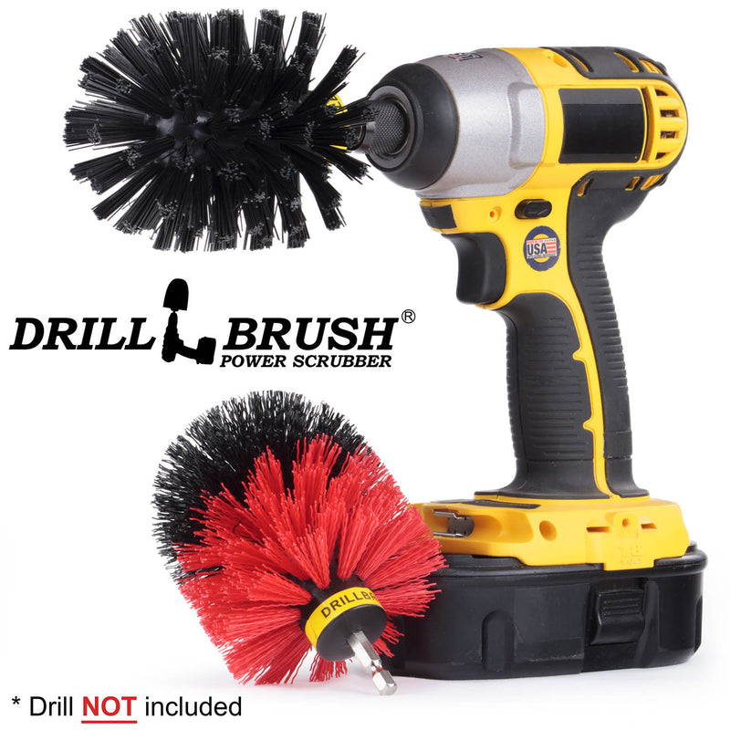 Drillbrush Stiff Red and Ultra Stiff Black Original 2-piece Variety Brush Kit with a Black Original brush in a cordless drill.