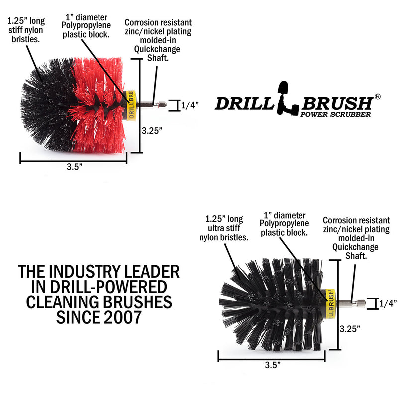 Specs for the Drillbrush Stiff Red and Ultra Stiff Black 2 piece Original Variety Brush Kit.