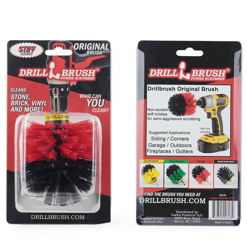 Drillbrush Original Stiff Red Outdoor & Patio Brush in it's blister packaging.