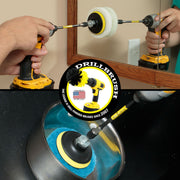 The Drillbrush White 4 inch Scrubbing Pads on a 3 inch backer attached to an extension in a cordless drill cleaning a bathroom cabinet mirror and the Drillbrush Stiff Blue 4 inch Scrubbing Pads on a 3 inch backer attached to an extension in a cordless drill cleaning a sauce pan.