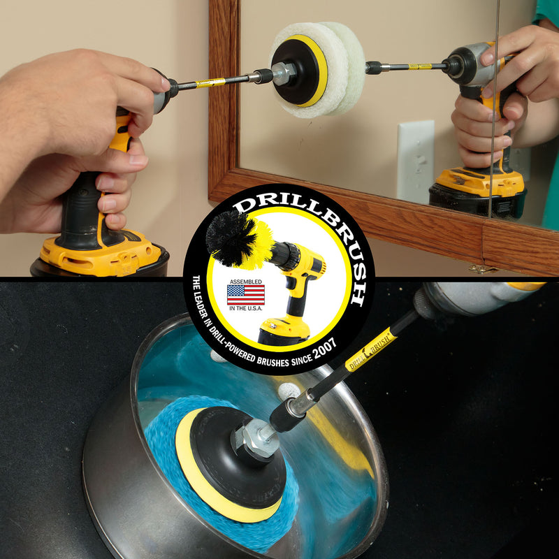 The Drillbrush White 4 inch Scrubbing Pads on a 3 inch backer attached to an extension in a cordless drill cleaning a bathroom cabinet mirror and the Drillbrush Stiff Blue 4 inch Scrubbing Pads on a 3 inch backer attached to an extension in a cordless drill cleaning a sauce pan.