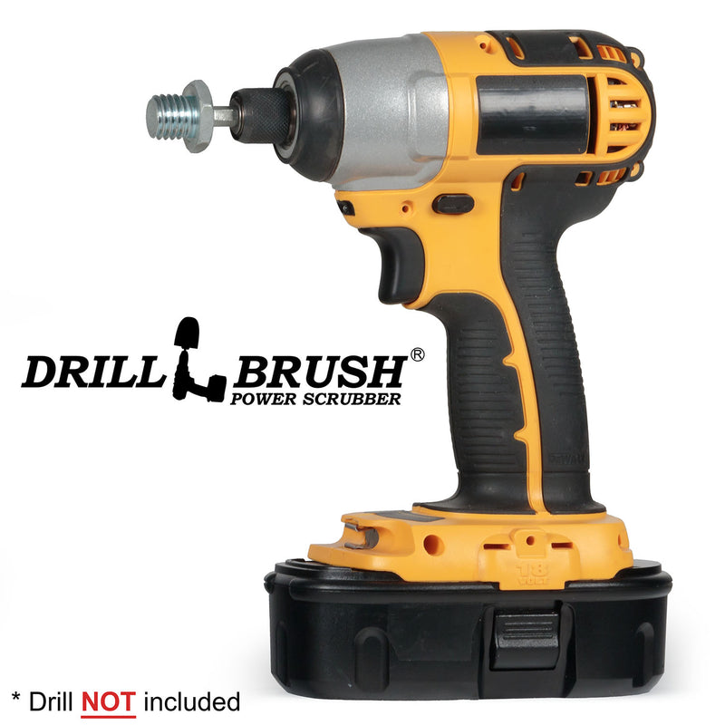 The Drillbrush Threaded 5/8in-11 threads-per-inch bolt to 1/4in Quickchange Adpater in a cordless drill.
