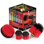 The Drillbrush 42OS-2L Red Stiff Outdoor & Patio Brush Kit in front of the box it comes in.
