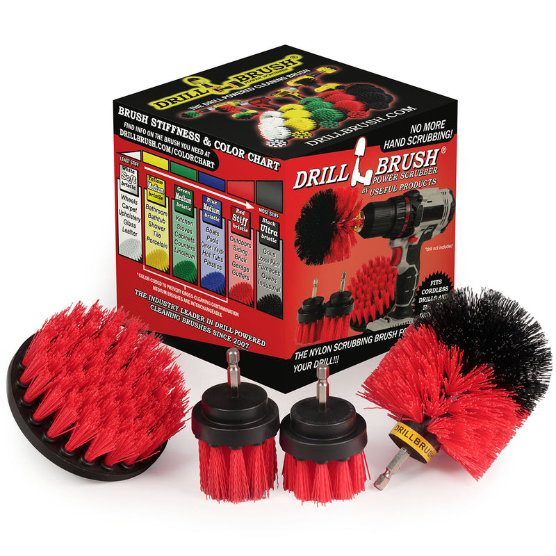 The Drillbrush 42OS-2L Red Stiff Outdoor & Patio Brush Kit in front of the box it comes in.