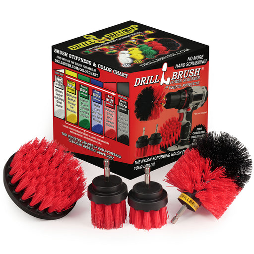 The Drillbrush 42OS-2L Red Stiff Outdoor & Patio Brush Kit in front of the box it comes in.