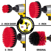 Images of the Drillbrush 2 inch Short, 2 inch Long, 4 inch and Original Stiff Red Outdoor & Patio Brushes in cordless drills.