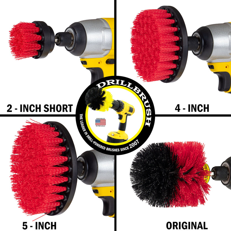 Images of the Drillbrush 2 inch Short, 2 inch Long, 4 inch and Original Stiff Red Outdoor & Patio Brushes in cordless drills.
