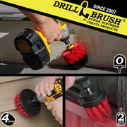 Action shots of a Stiff Red Original brush cleaning deck steps, a Stiff Red 2 inch Long Drillbrush cleaning a window frame, and a Stiff Red 4 inch Drillbrush cleaning vinyl siding.