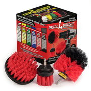 The Drillbrush 4OS-2L Red Stiff Outdoor & Patio Brush Kit in front of the box it comes in.