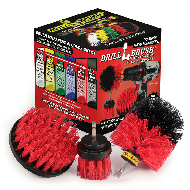 The Drillbrush 4OS-2L Red Stiff Outdoor & Patio Brush Kit in front of the box it comes in.