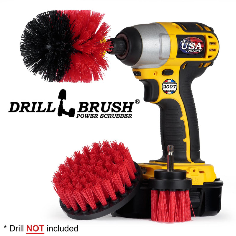 Drillbrush 4OS-2L Stiff Red Outdoor & Patio Brush Kit with an Original brush in a cordless drill.