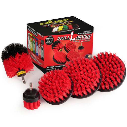 The Drillbrush 5542O Red Stiff Outdoor & Patio Brush Kit in front of the box it comes in.