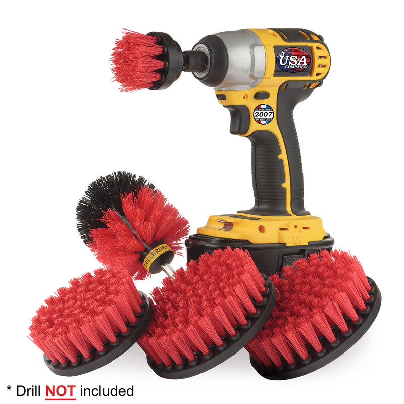 Drillbrush 5542O Stiff Red Outdoor & Patio Brush Kit with a 2 inch Short brush in a cordless drill.