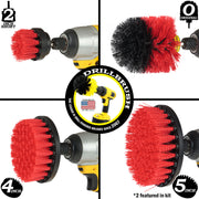 Images of the Drillbrush 2 inch Short, 4 inch, 5 inch and Original Stiff Red Outdoor & Patio Brushes in cordless drills.