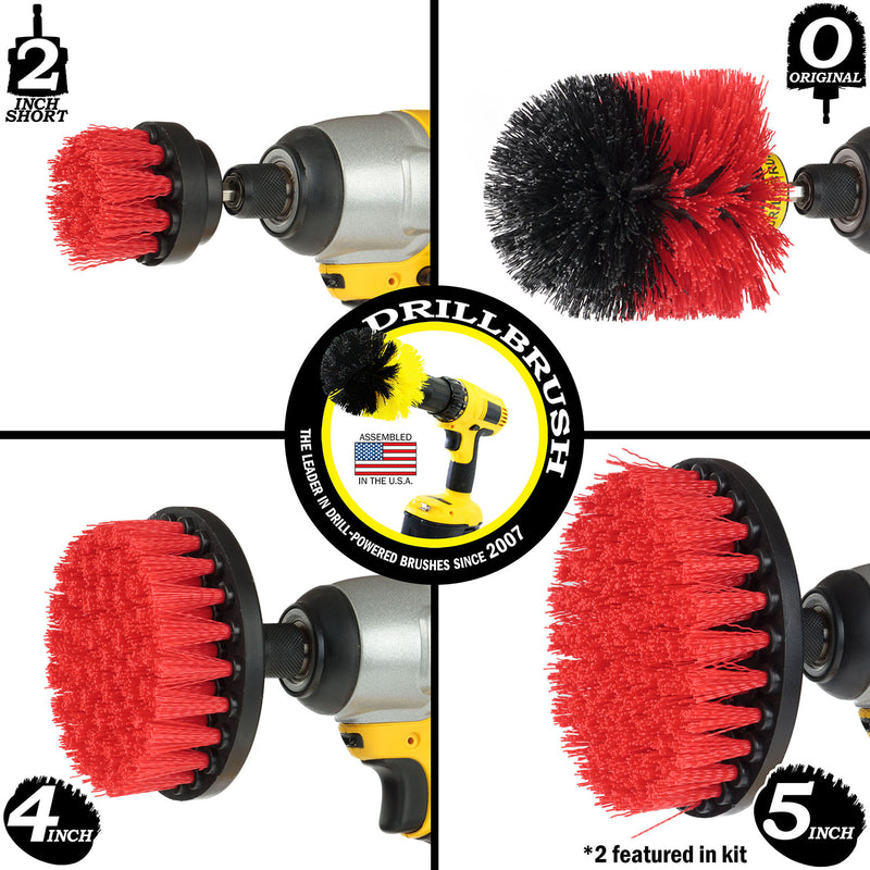 Images of the Drillbrush 2 inch Short, 4 inch, 5 inch and Original Stiff Red Outdoor & Patio Brushes in cordless drills.