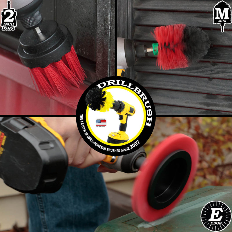 Action shots of a Stiff Red Mini brush cleaning shutters , a Stiff Red Edge Drillbrush cleaning a vinyl deck table, a Stiff Red 2 inch Long Drillbrush cleaning a window frame.