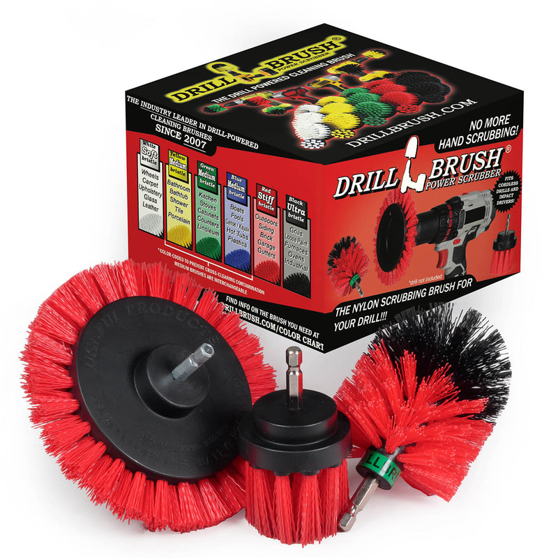 The Drillbrush EMS-2L Red Stiff Outdoor & Patio Brush Kit in front of the box it comes in.